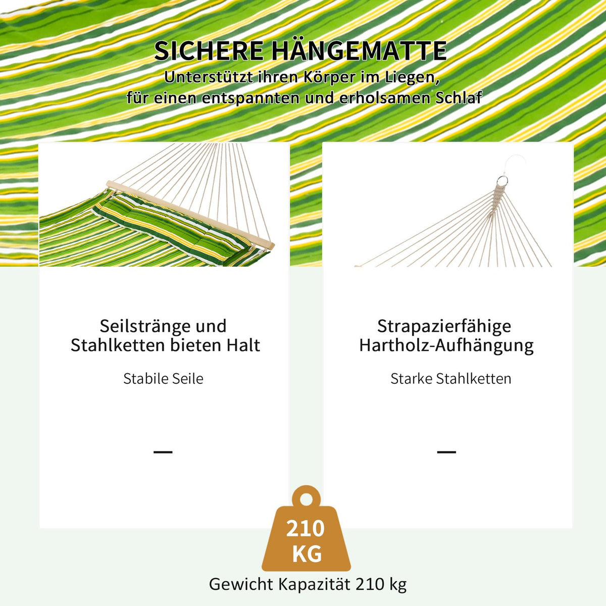 Hammock For 2 People With Pillow, Outdoor, Travel, Camping, 240G/㎡ Cotton, Up To 150 Kg, Green Striped, 188X140 Cm