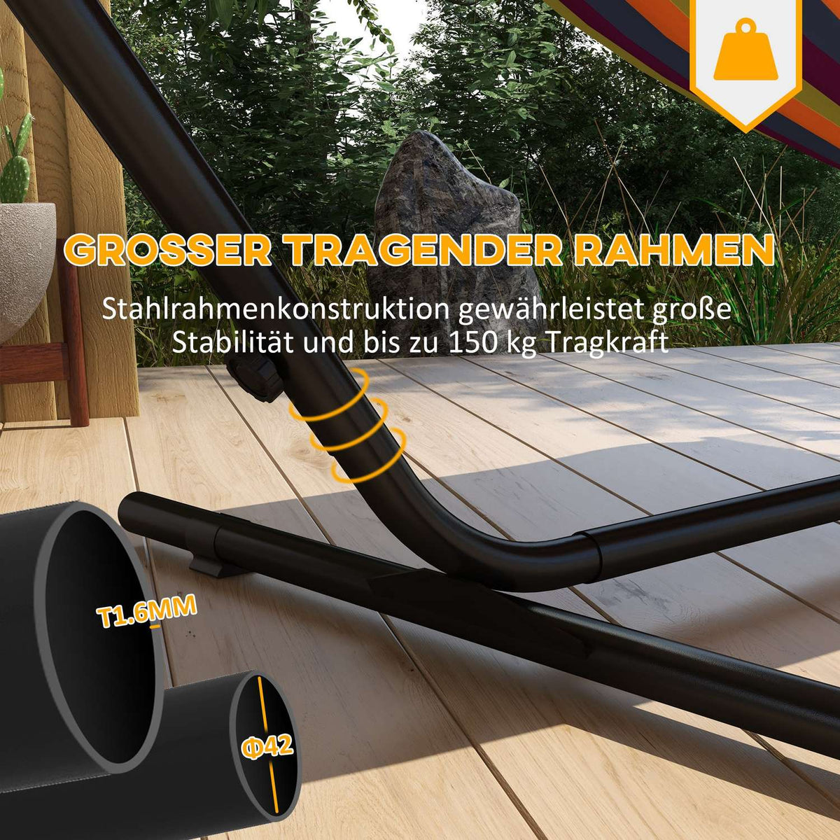 Hammock Stand, Hammock Stand With Side Shelf, Stand For Hammock, Load Capacity Up To 150 Kg, Steel, Black