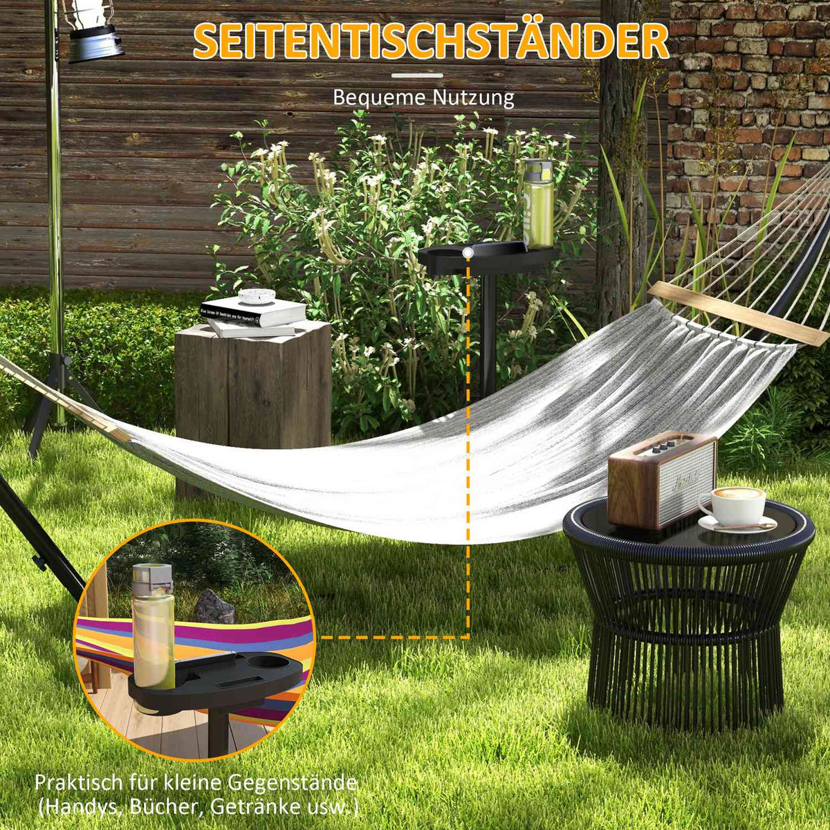 Hammock Stand, Hammock Stand With Side Shelf, Stand For Hammock, Load Capacity Up To 150 Kg, Steel, Black