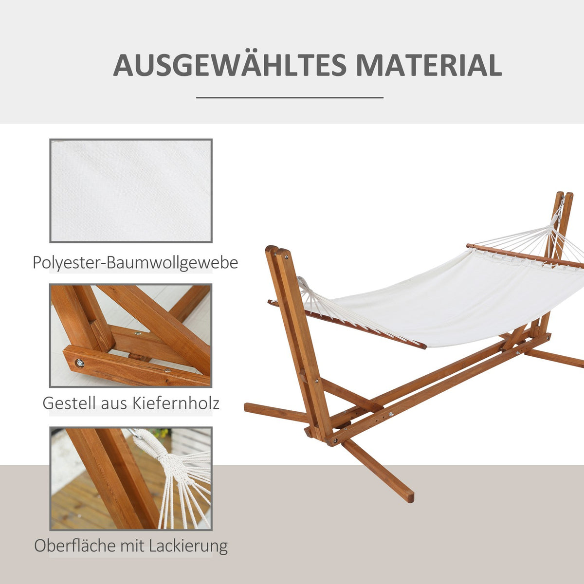 Hammock With Frame Adjustable Hammock Made Of Pine Wood Rod Hammock Foldable Outdoor Indoor Cream White + Natural 388 X 120 X 89 Cm