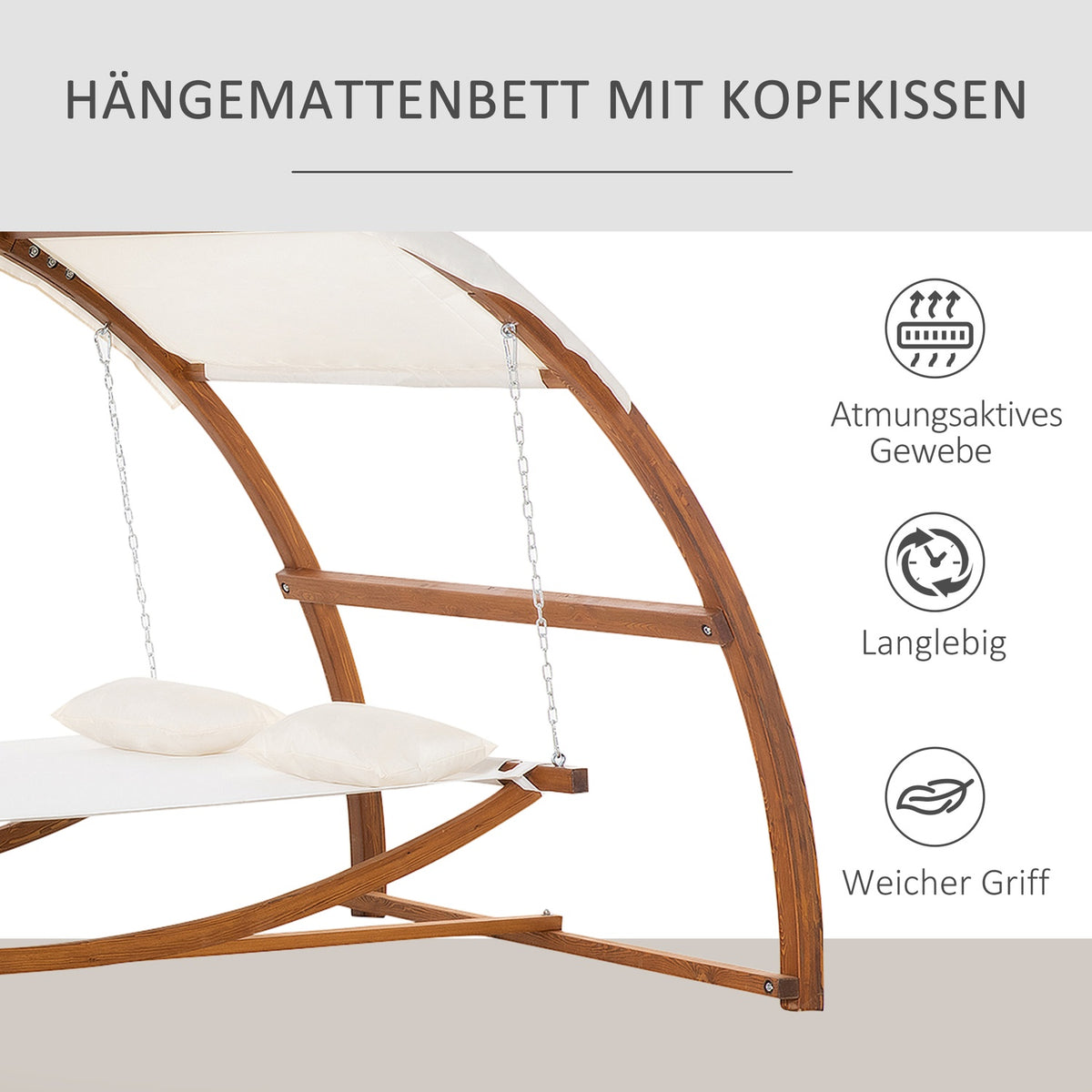 Hammock With Wooden Frame And Sun Canopy Hammock With 2 Pillows Rod Hammock Outdoor Indoor Cream White + Natural 322 X 160 X 173 Cm