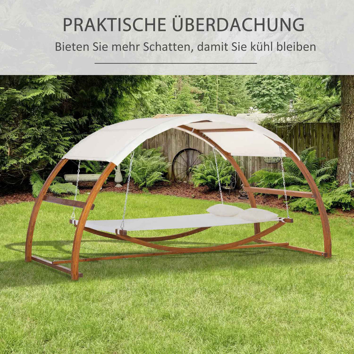 Hammock With Wooden Frame And Sun Canopy Hammock With 2 Pillows Rod Hammock Outdoor Indoor Cream White + Natural 322 X 160 X 173 Cm
