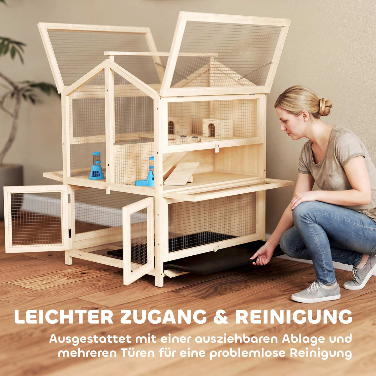 Hamster Cage, 3-Level Wood Habitat with Ramps, 68x61.5x90 cm