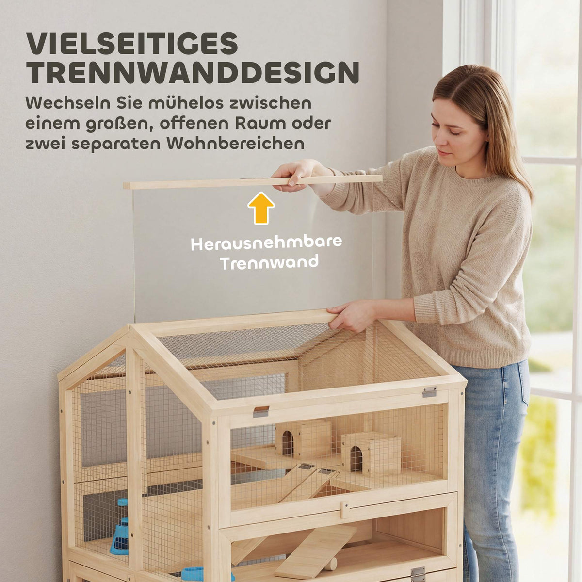 Hamster Cage, 3-Level Wood Habitat with Ramps, 68x61.5x90 cm