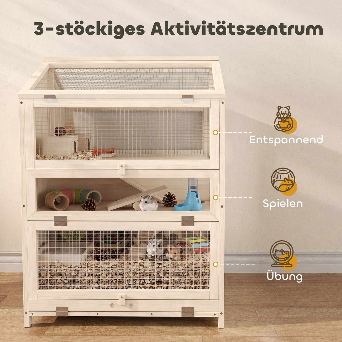 Hamster Cage, 3-Level Wood Habitat with Ramps, 68x61.5x90 cm