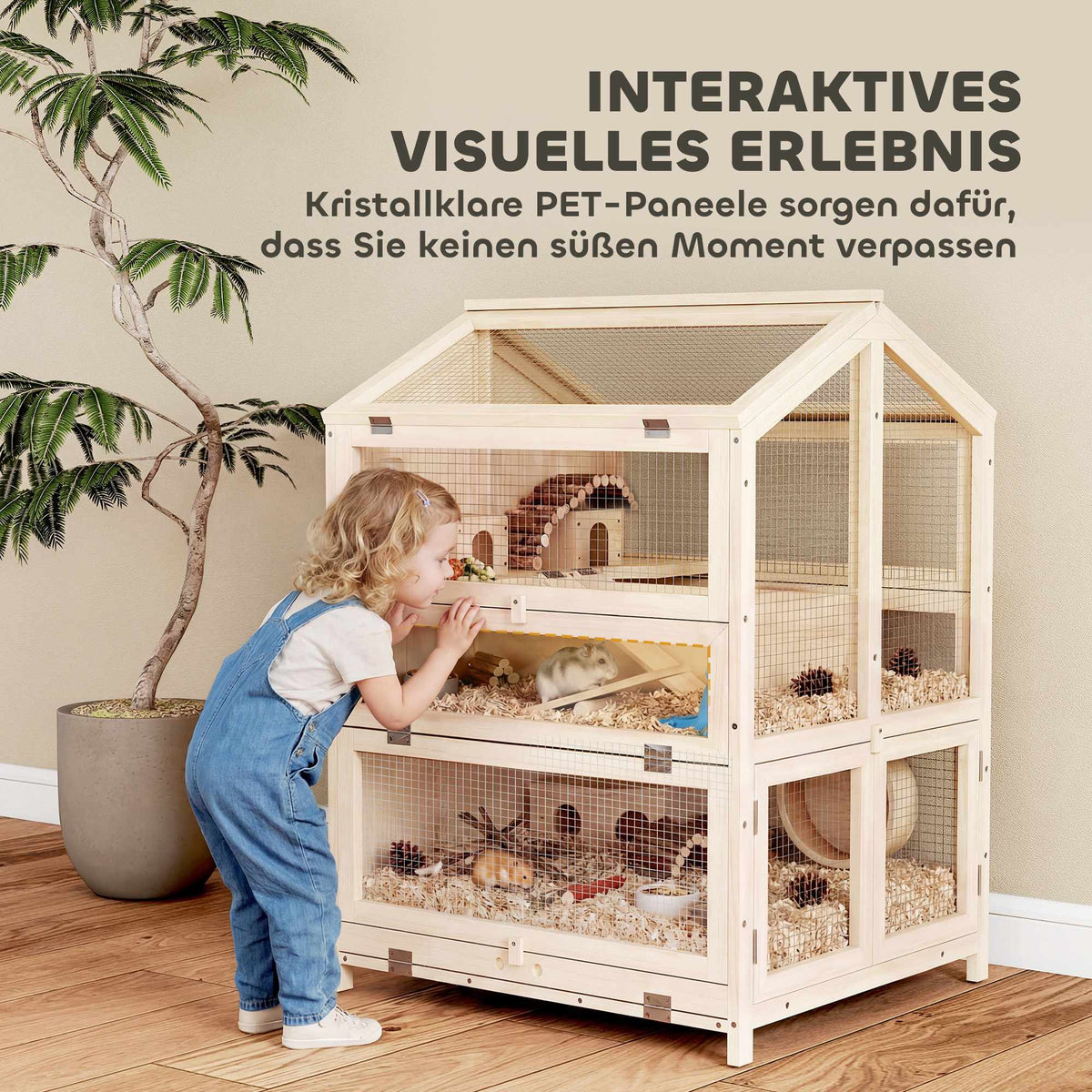 Hamster Cage, 3-Level Wood Habitat with Ramps, 68x61.5x90 cm
