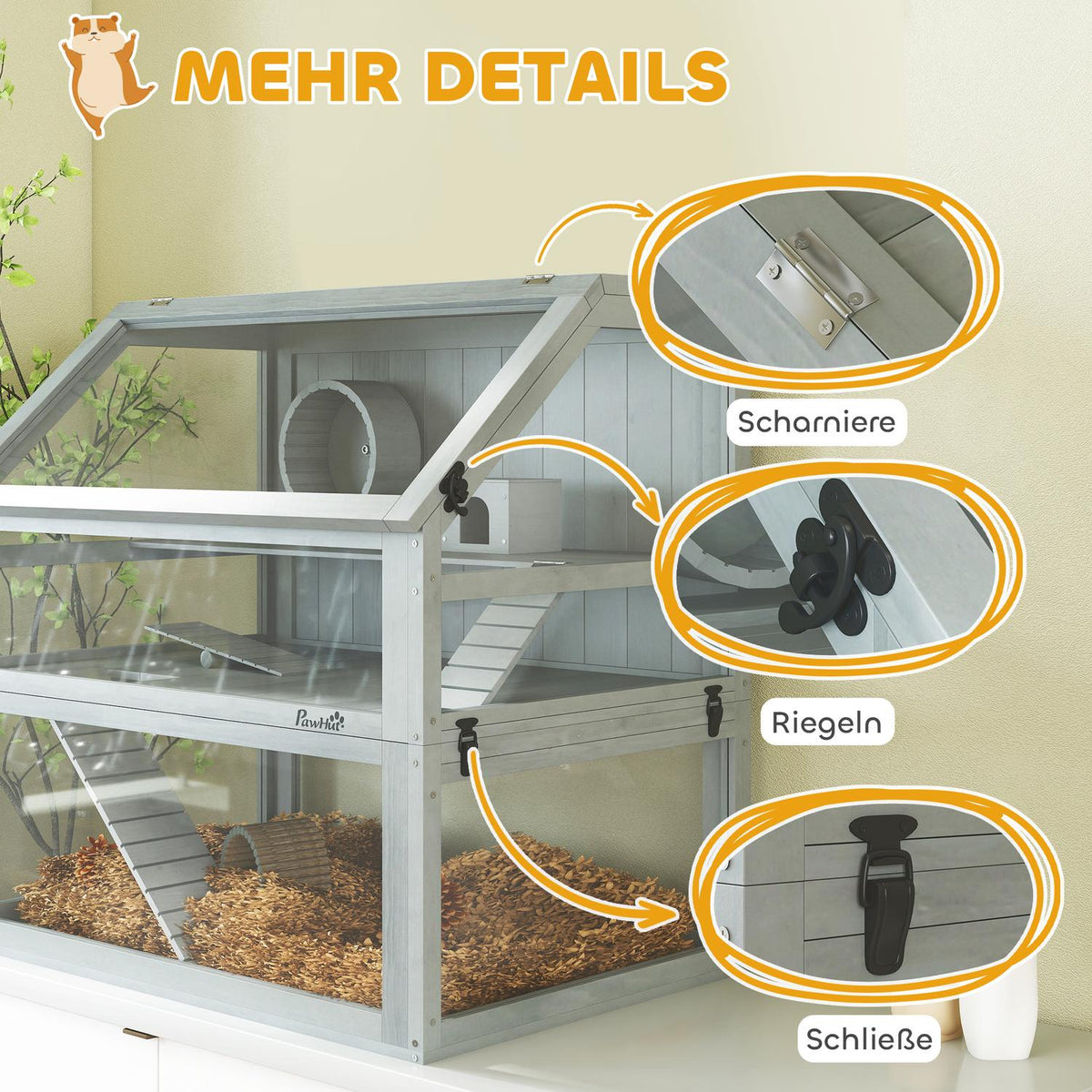 Hamster Cage, 3 Levels, Deep Base, 80x50x76cm, Light Gray