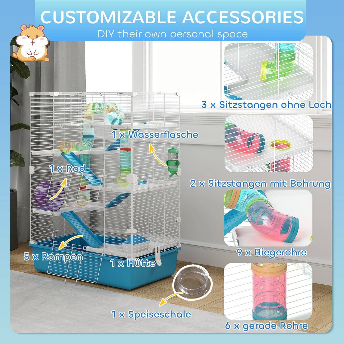 Hamster Cage, 6 Tier Small Animal Cage with Tubes, Tunnels, Hut, Wheel, Food Bowl, Water Bottle, Ramps, for Dwarf Hamsters and Gerbils, 58 x 36 x 81 cm Light Blue