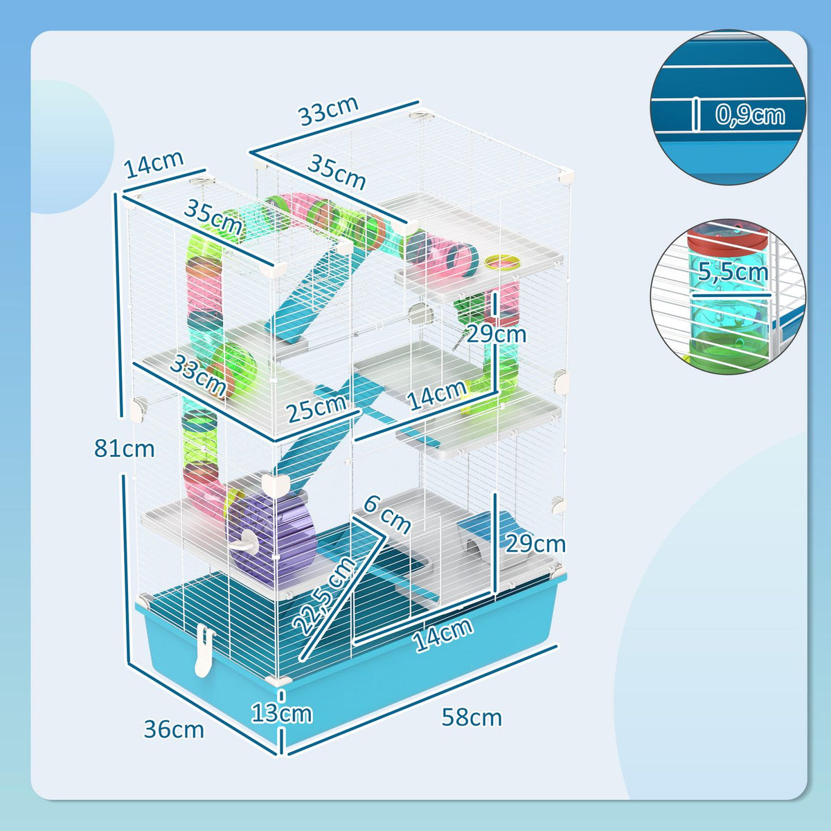 Hamster Cage, 6 Tier Small Animal Cage with Tubes, Tunnels, Hut, Wheel, Food Bowl, Water Bottle, Ramps, for Dwarf Hamsters and Gerbils, 58 x 36 x 81 cm Light Blue