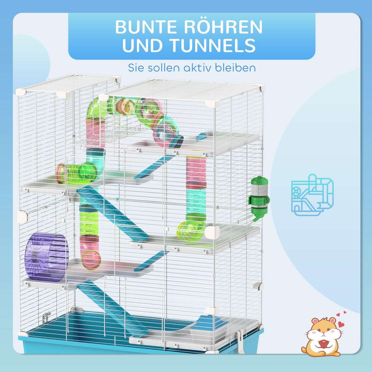 Hamster Cage, 6 Tier Small Animal Cage with Tubes, Tunnels, Hut, Wheel, Food Bowl, Water Bottle, Ramps, for Dwarf Hamsters and Gerbils, 58 x 36 x 81 cm Light Blue