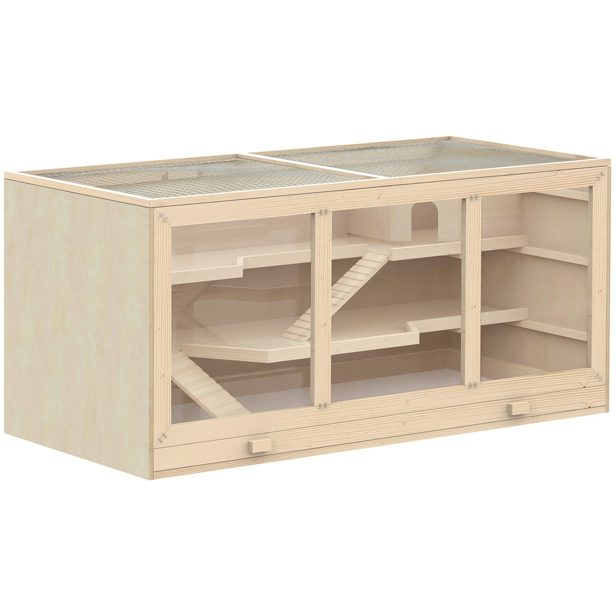 Hamster Cage Made Of Natural Wood Three-Tier Rodent Cage With Stairs, Pvc, 115X57X55Cm