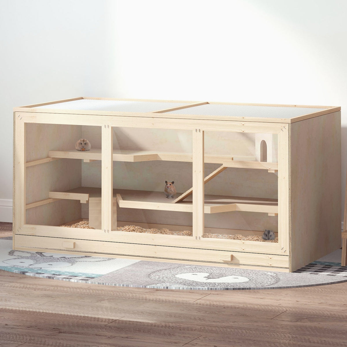 Hamster Cage Made Of Natural Wood Three-Tier Rodent Cage With Stairs, Pvc, 115X57X55Cm