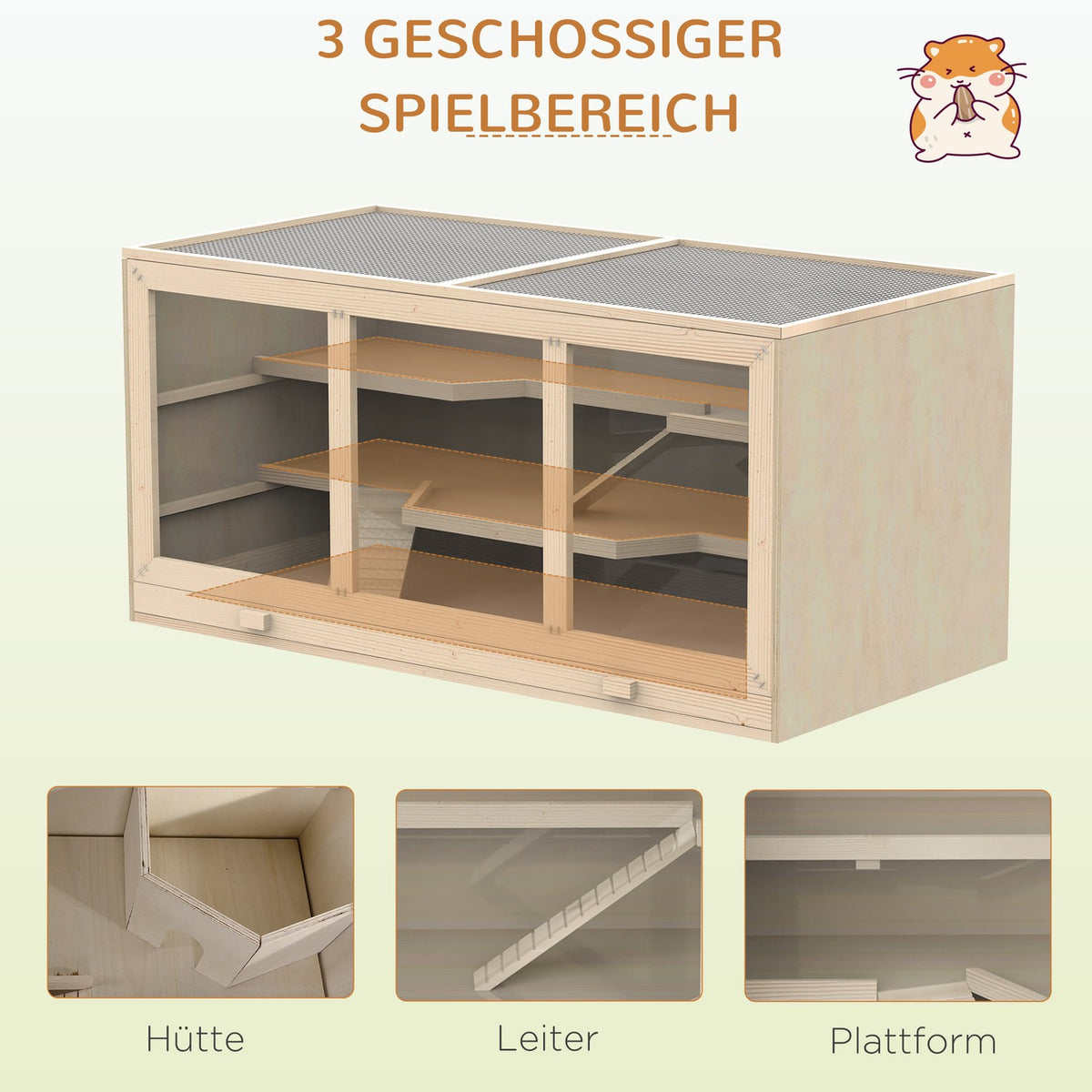 Hamster Cage Made Of Natural Wood Three-Tier Rodent Cage With Stairs, Pvc, 115X57X55Cm