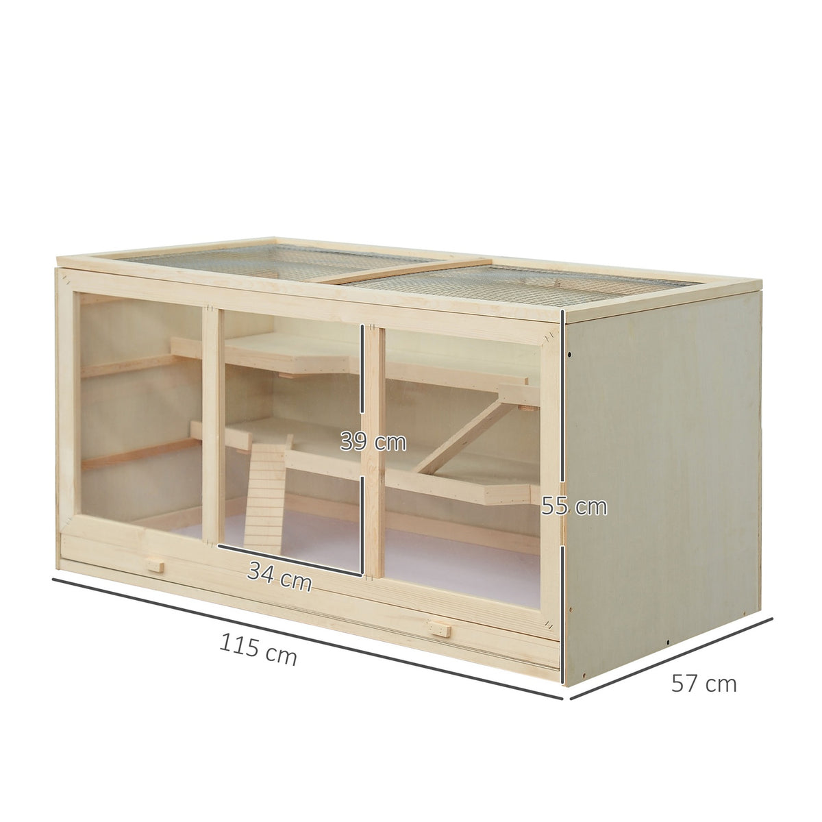 Hamster Cage Made Of Natural Wood Three-Tier Rodent Cage With Stairs, Pvc, 115X57X55Cm