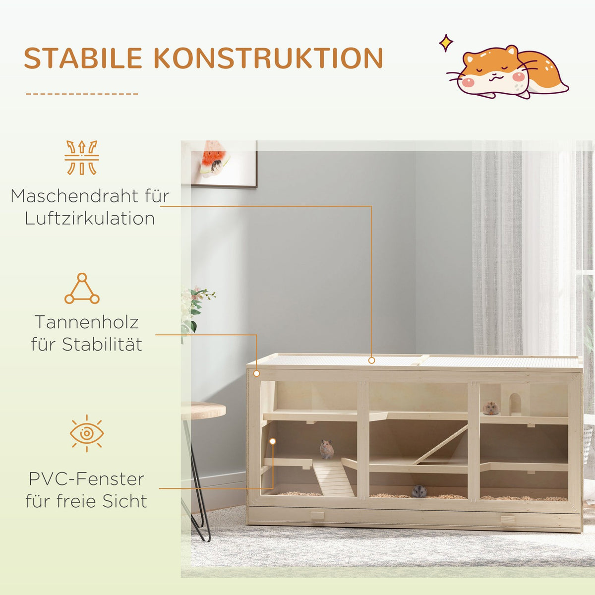 Hamster Cage Made Of Natural Wood Three-Tier Rodent Cage With Stairs, Pvc, 115X57X55Cm