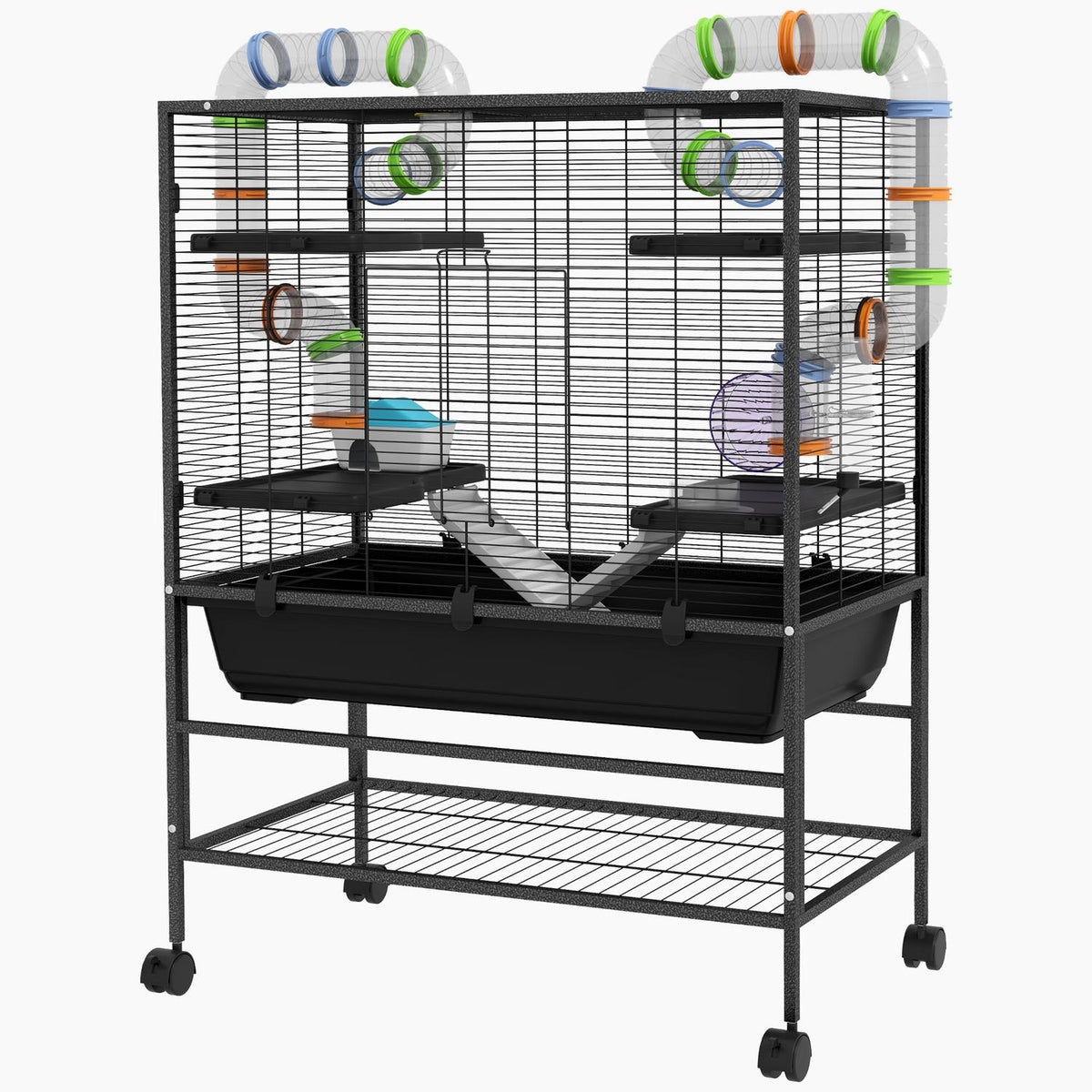Hamster Cage Rodent Cage with Wheels, Tubes, Shelf, Ramps, Wheel, Food Bowl, Water Bottle, Guinea Pig Cage for Gerbils, Syrian Hamsters, Black