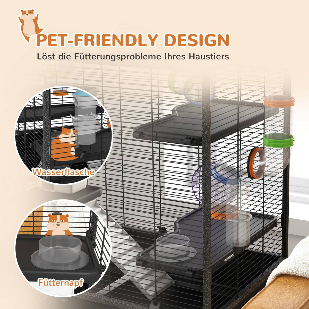 Hamster Cage Rodent Cage with Wheels, Tubes, Shelf, Ramps, Wheel, Food Bowl, Water Bottle, Guinea Pig Cage for Gerbils, Syrian Hamsters, Black