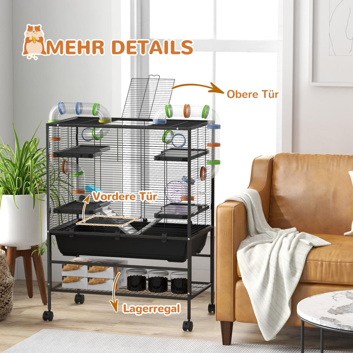 Hamster Cage Rodent Cage with Wheels, Tubes, Shelf, Ramps, Wheel, Food Bowl, Water Bottle, Guinea Pig Cage for Gerbils, Syrian Hamsters, Black