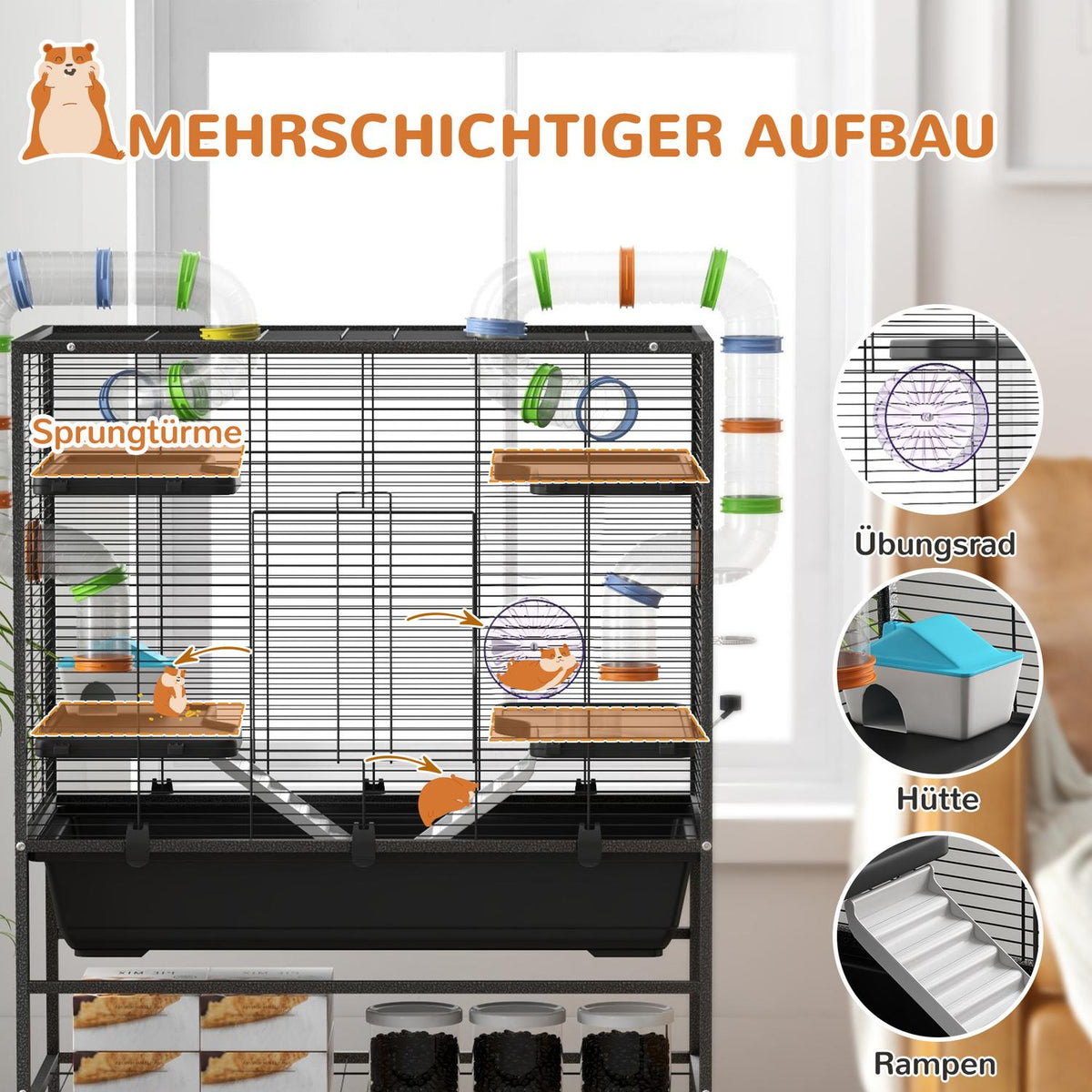 Hamster Cage Rodent Cage with Wheels, Tubes, Shelf, Ramps, Wheel, Food Bowl, Water Bottle, Guinea Pig Cage for Gerbils, Syrian Hamsters, Black
