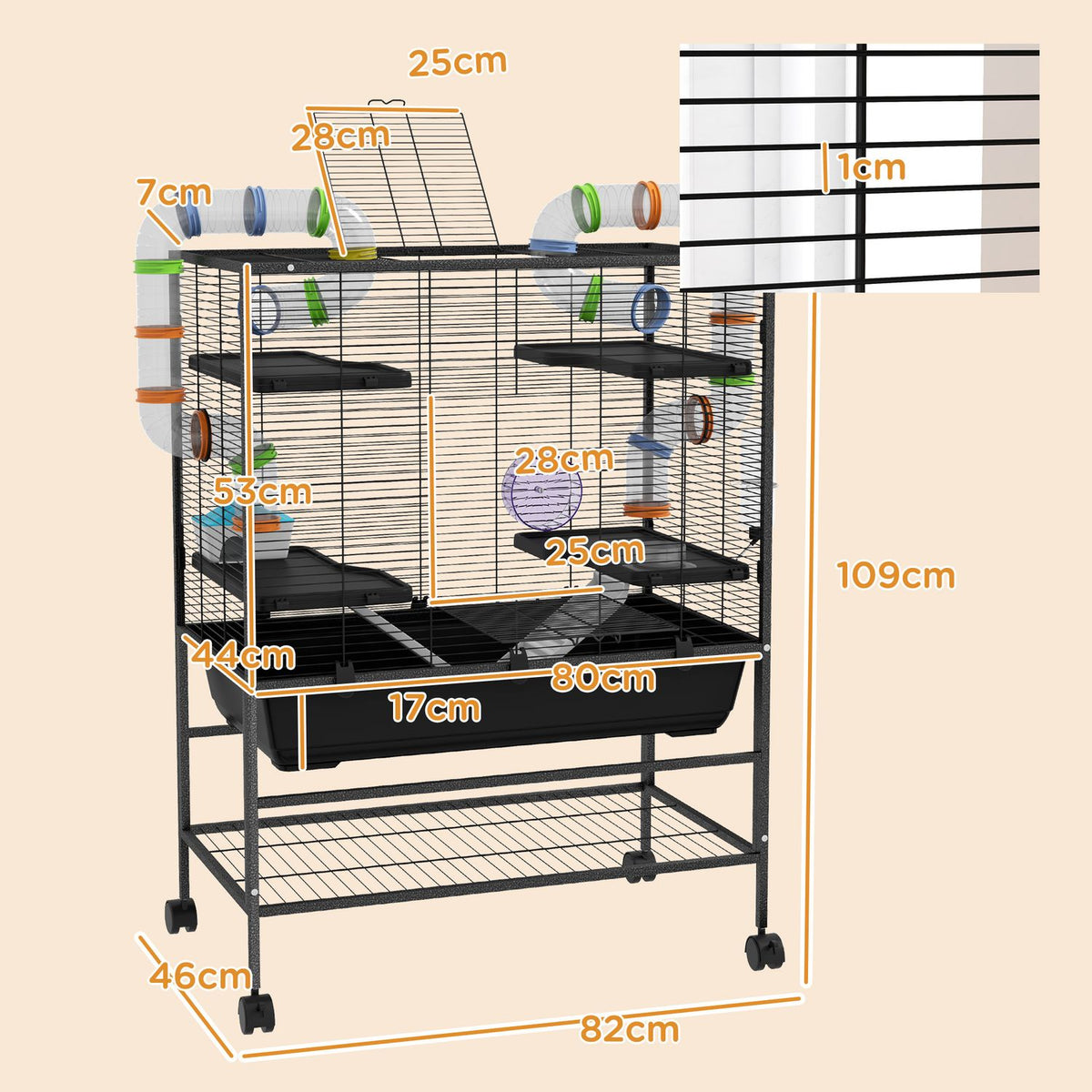 Hamster Cage Rodent Cage with Wheels, Tubes, Shelf, Ramps, Wheel, Food Bowl, Water Bottle, Guinea Pig Cage for Gerbils, Syrian Hamsters, Black