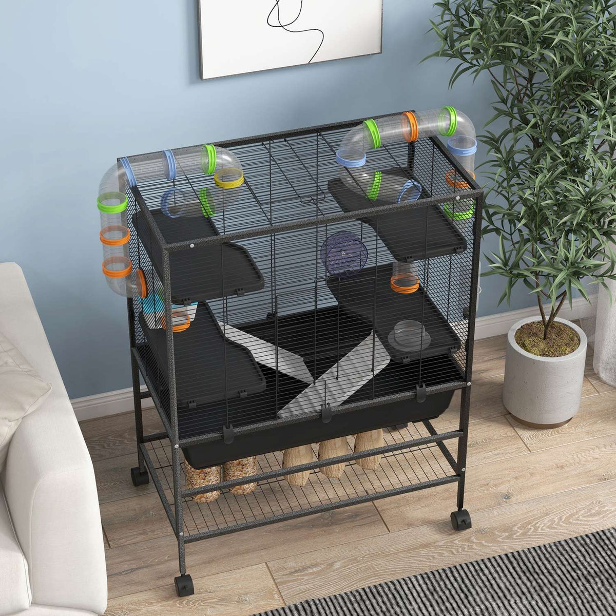 Hamster Cage Rodent Cage with Wheels, Tubes, Shelf, Ramps, Wheel, Food Bowl, Water Bottle, Guinea Pig Cage for Gerbils, Syrian Hamsters, Black