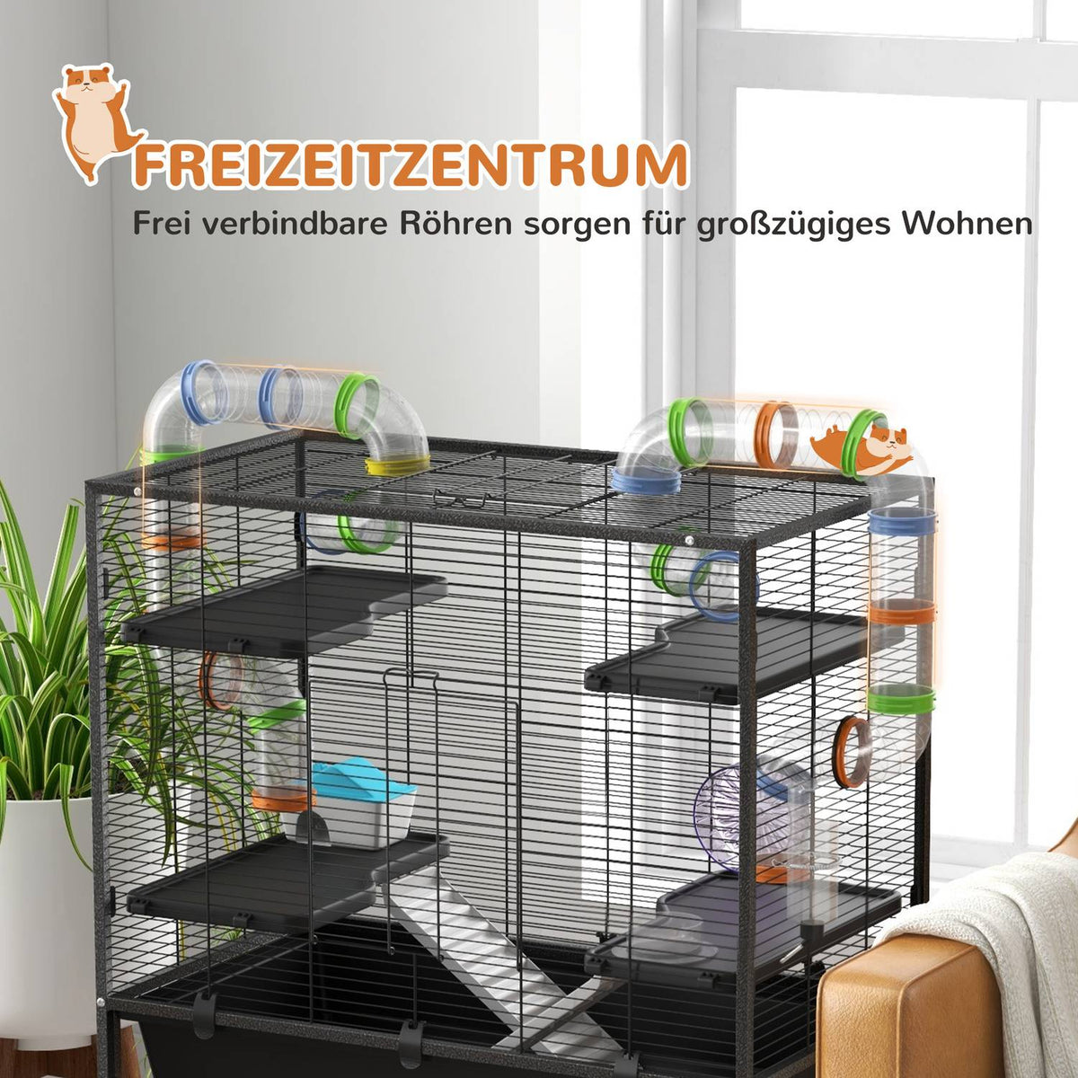 Hamster Cage Rodent Cage with Wheels, Tubes, Shelf, Ramps, Wheel, Food Bowl, Water Bottle, Guinea Pig Cage for Gerbils, Syrian Hamsters, Black