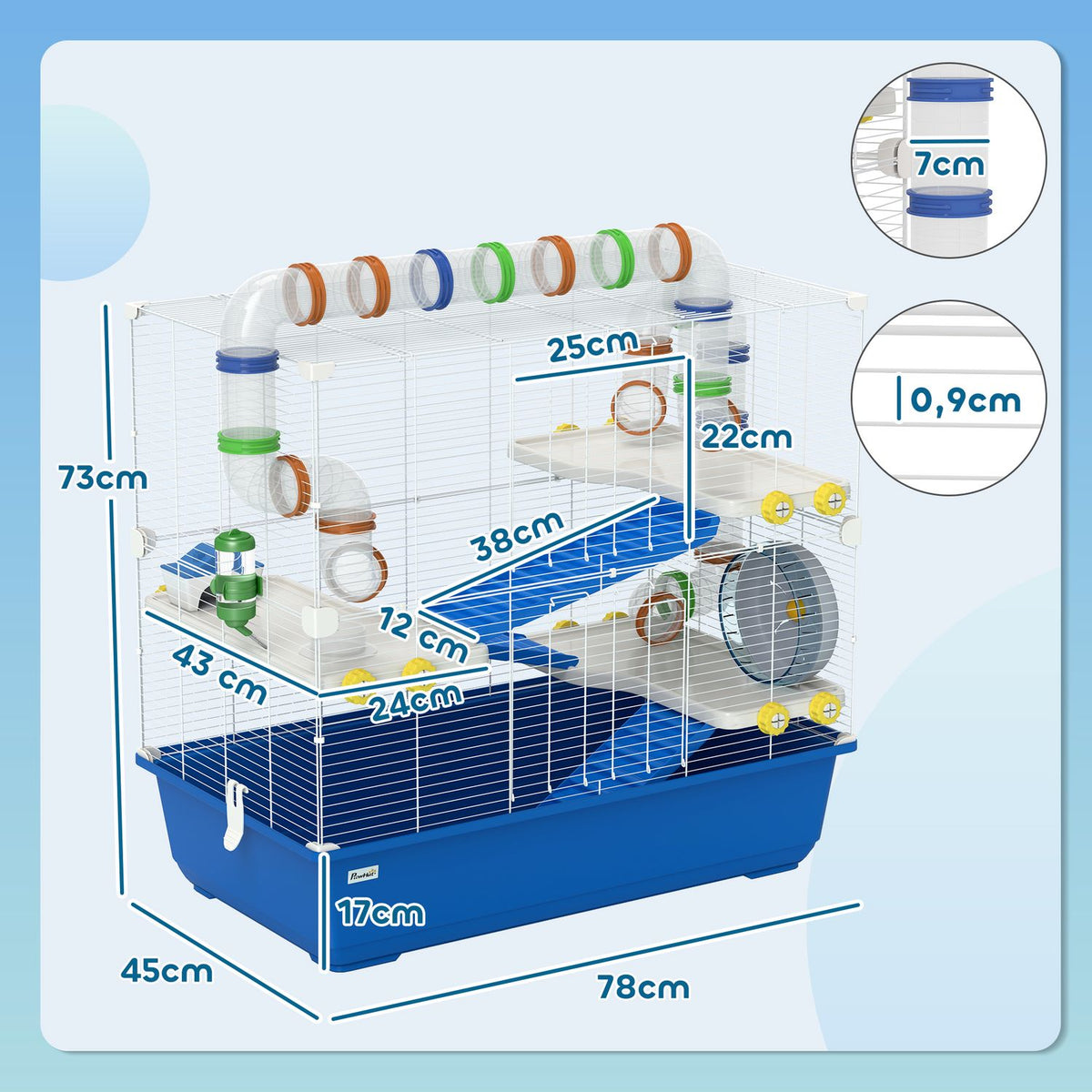 Hamster Cage for Dwarf Hamsters 4 Tier Rodent Cage Small Animal Cage with Wheel Feeding Bowl and Accessories Large Mouse Cage 78 x 45 x 73 cm Blue