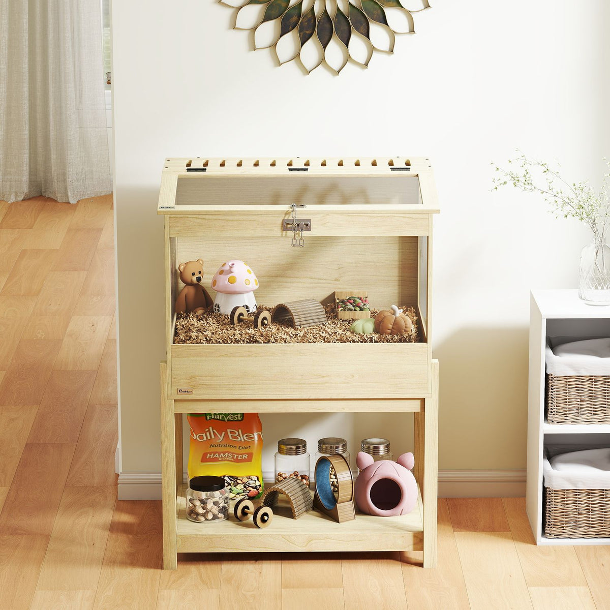 Hamster cage 2 levels rodent cage small animal cage with hinged lid, large 83.2 x 50 x 103 cm natural wood