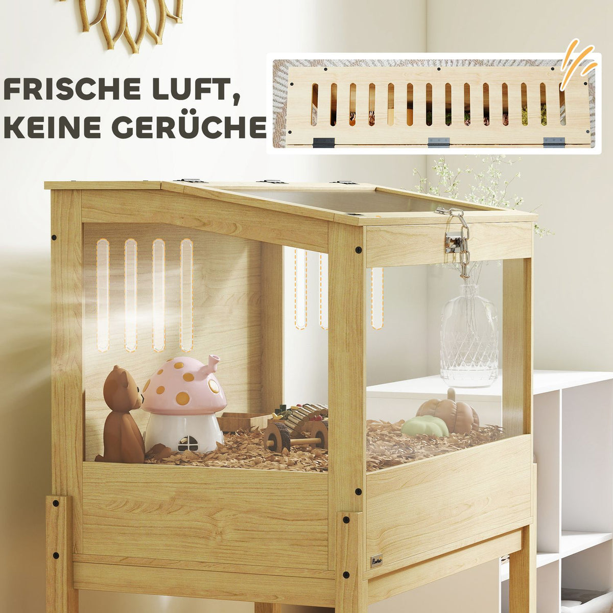 Hamster cage 2 levels rodent cage small animal cage with hinged lid, large 83.2 x 50 x 103 cm natural wood