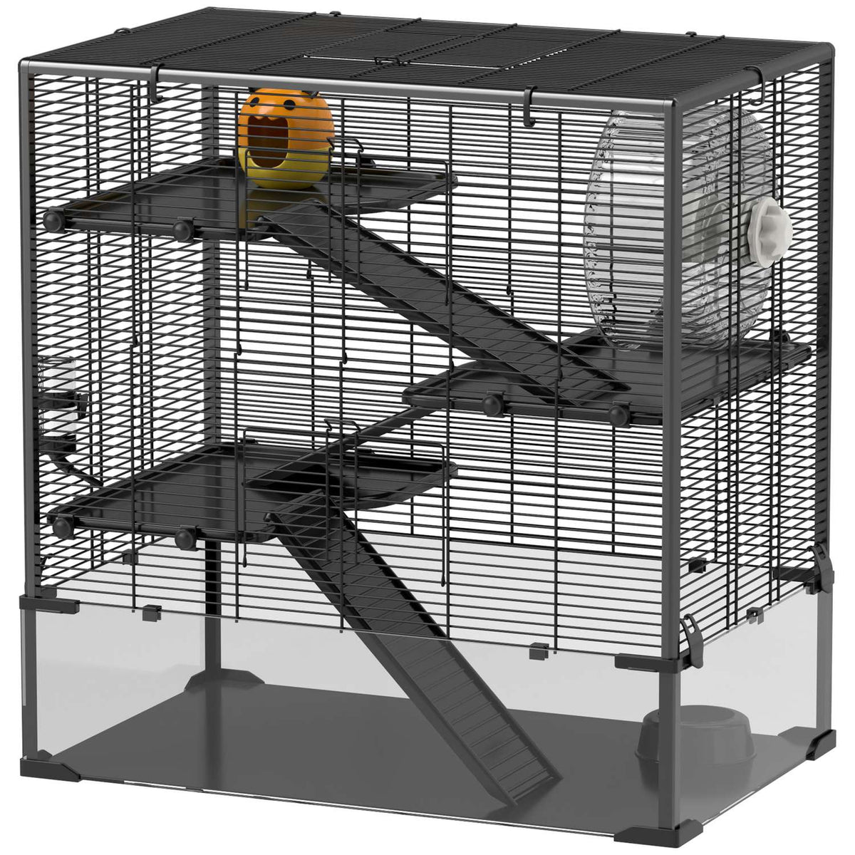 Hamster cage for dwarf hamsters, 4-tier rodent cage with glass bottom, hut, balance wheel, ramps, food bowl, small animal cage dwarf hamster cage 78.5 x 48.5 x 80 cm black