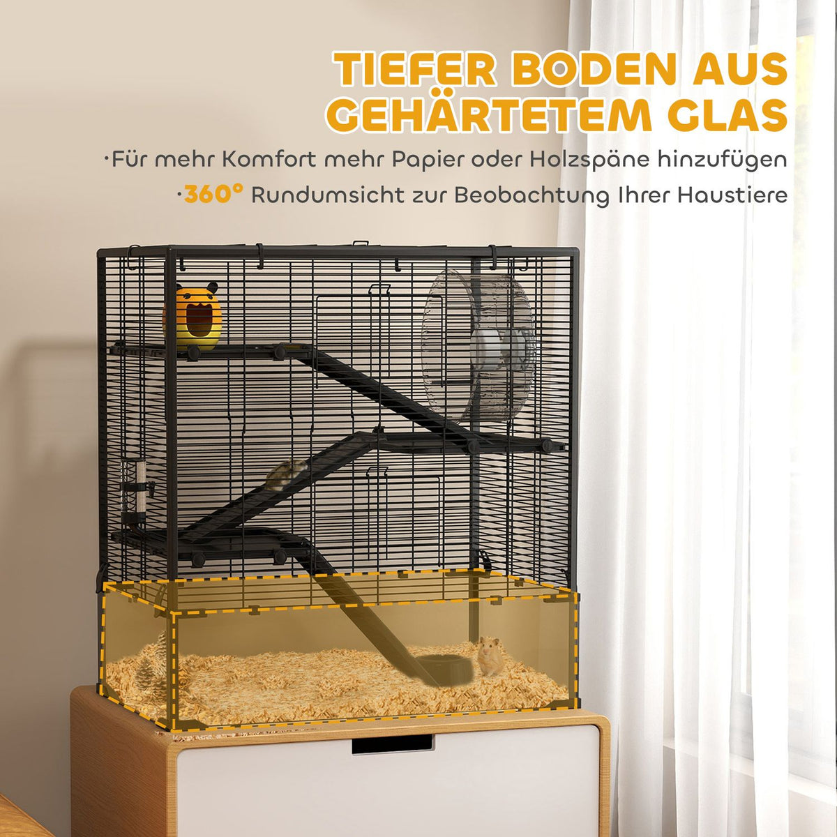 Hamster cage for dwarf hamsters, 4-tier rodent cage with glass bottom, hut, balance wheel, ramps, food bowl, small animal cage dwarf hamster cage 78.5 x 48.5 x 80 cm black