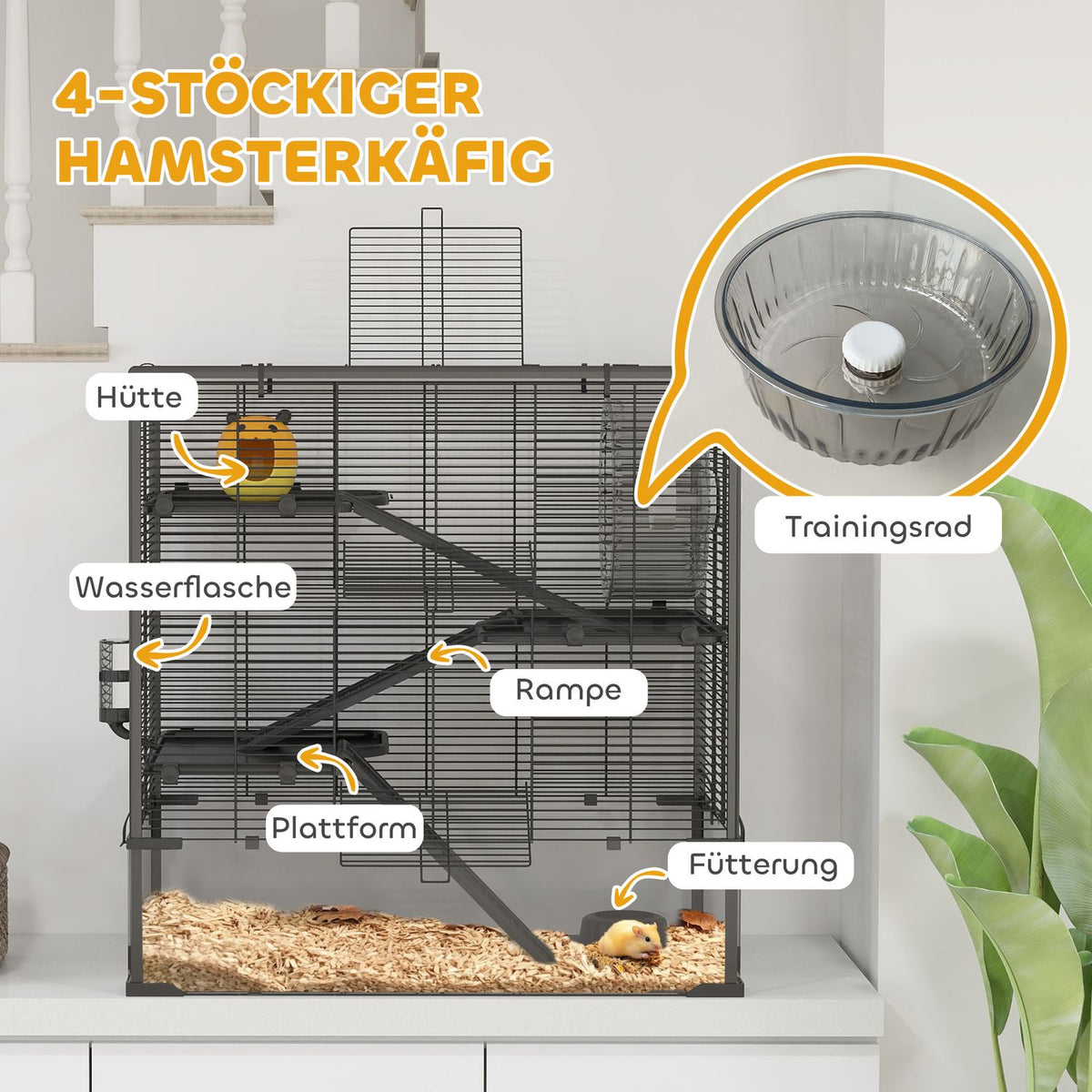 Hamster cage for dwarf hamsters, 4-tier rodent cage with glass bottom, hut, balance wheel, ramps, food bowl, small animal cage dwarf hamster cage 78.5 x 48.5 x 80 cm black