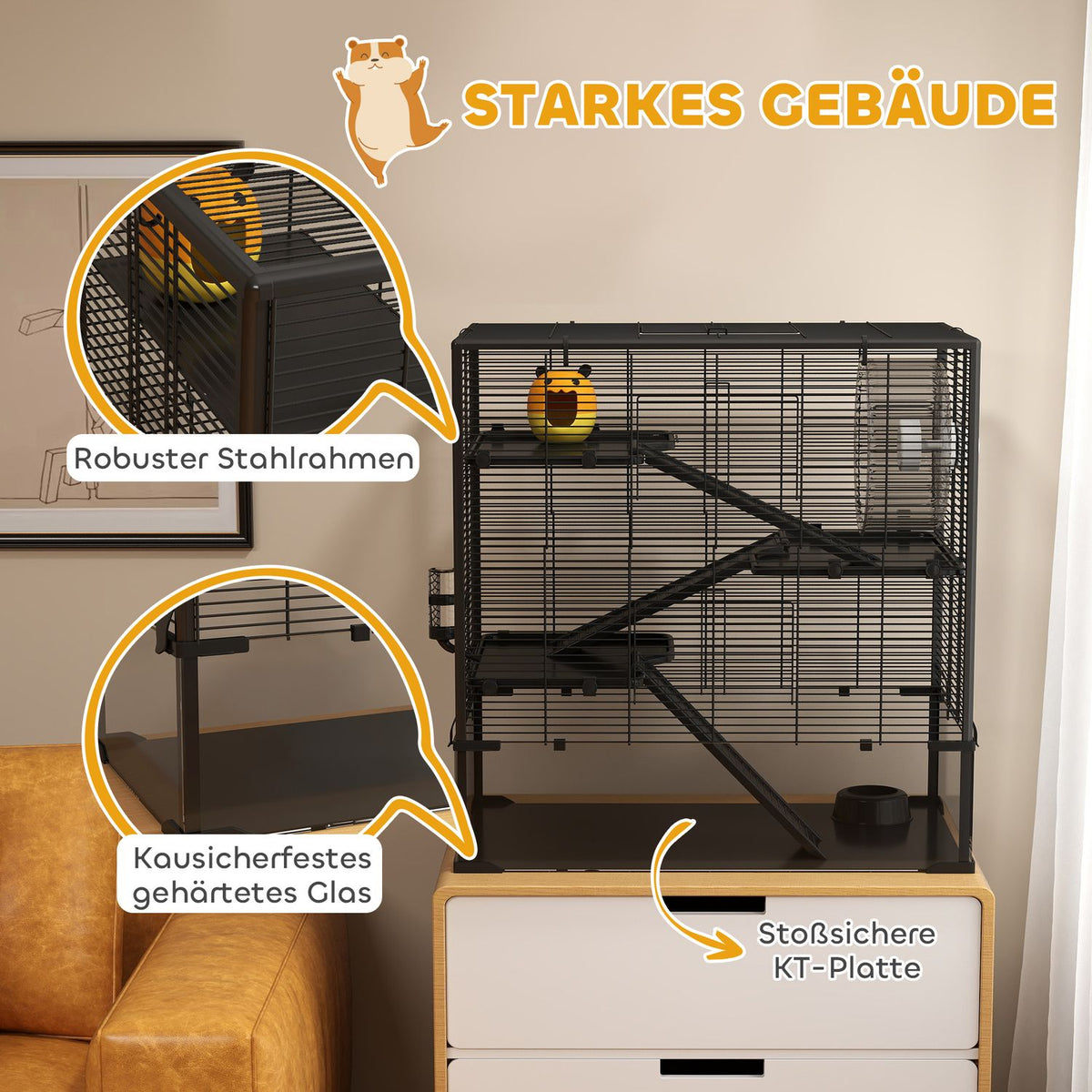 Hamster cage for dwarf hamsters, 4-tier rodent cage with glass bottom, hut, balance wheel, ramps, food bowl, small animal cage dwarf hamster cage 78.5 x 48.5 x 80 cm black