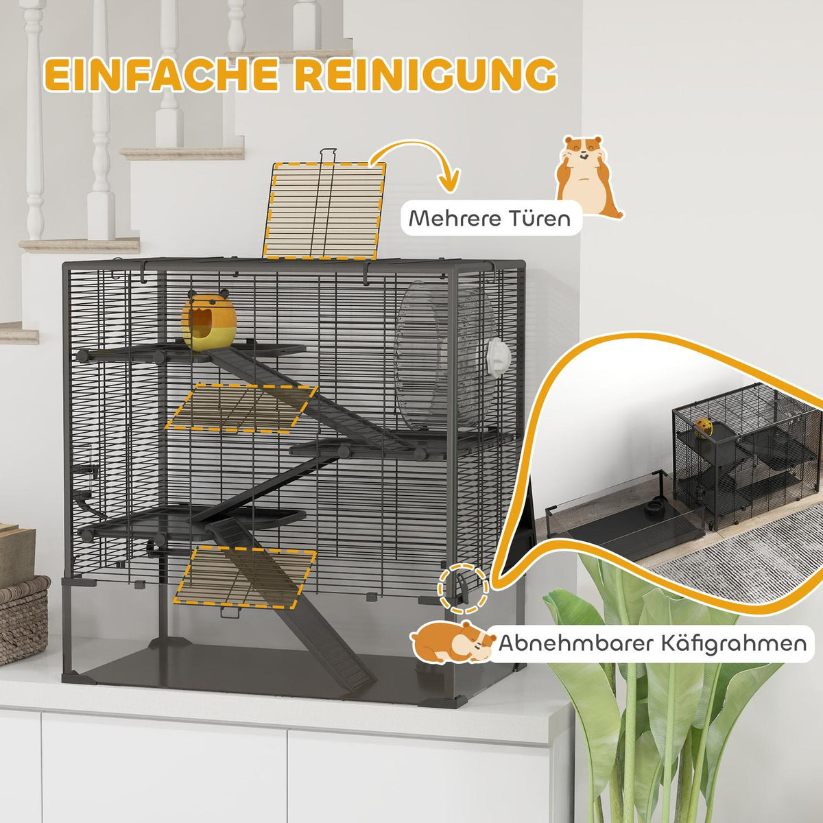 Hamster cage for dwarf hamsters, 4-tier rodent cage with glass bottom, hut, balance wheel, ramps, food bowl, small animal cage dwarf hamster cage 78.5 x 48.5 x 80 cm black