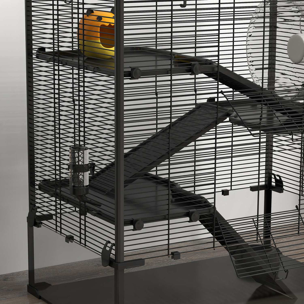Hamster cage for dwarf hamsters, 4-tier rodent cage with glass bottom, hut, balance wheel, ramps, food bowl, small animal cage dwarf hamster cage 78.5 x 48.5 x 80 cm black