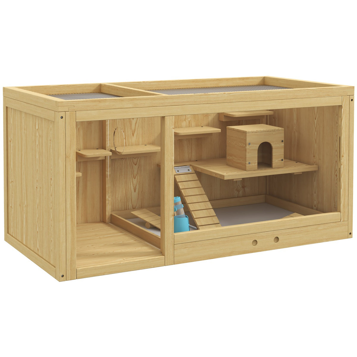 Hamster cage wooden small animal stable, playhouse for gerbils, with swings, ladders, opening roof, hut, 100cm, natural