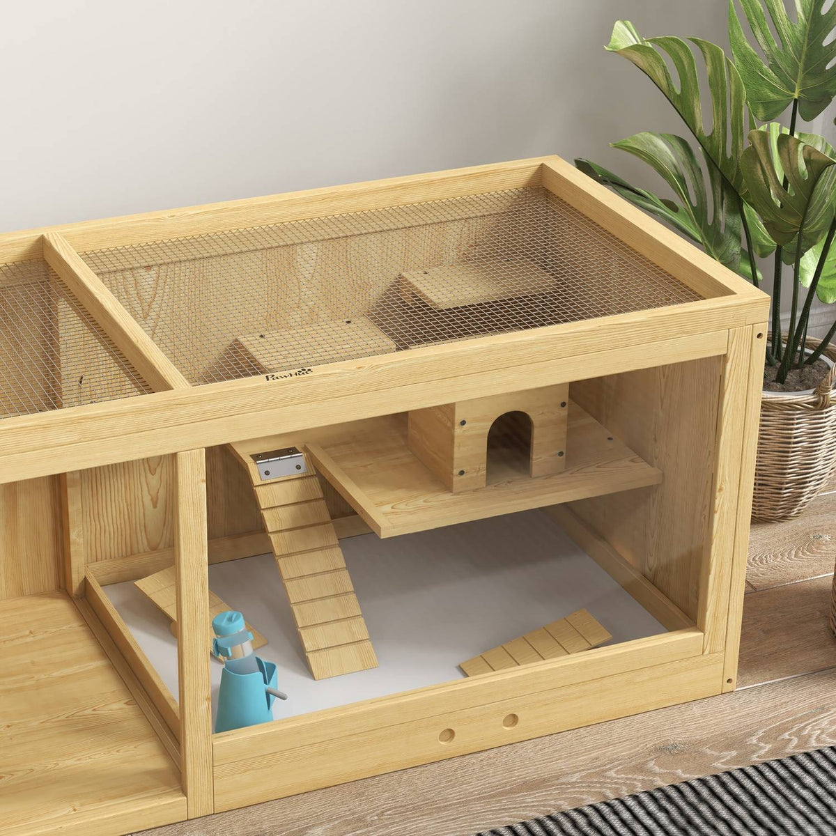 Hamster cage wooden small animal stable, playhouse for gerbils, with swings, ladders, opening roof, hut, 100cm, natural