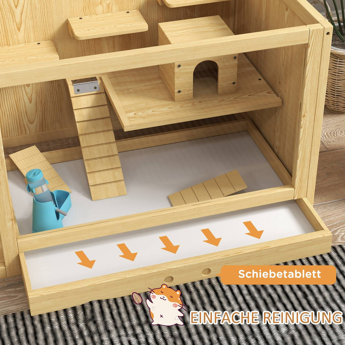 Hamster cage wooden small animal stable, playhouse for gerbils, with swings, ladders, opening roof, hut, 100cm, natural