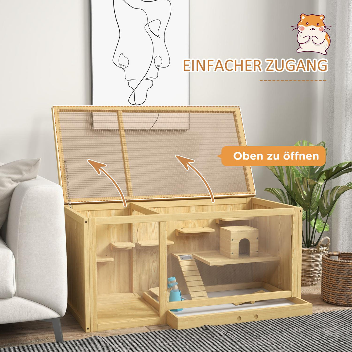 Hamster cage wooden small animal stable, playhouse for gerbils, with swings, ladders, opening roof, hut, 100cm, natural