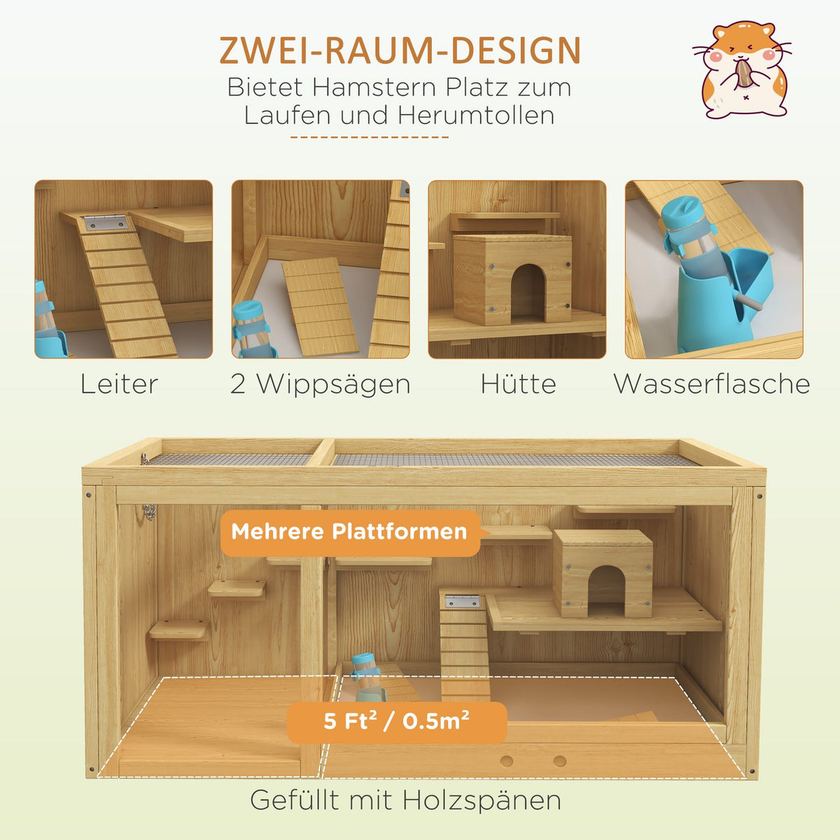 Hamster cage wooden small animal stable, playhouse for gerbils, with swings, ladders, opening roof, hut, 100cm, natural