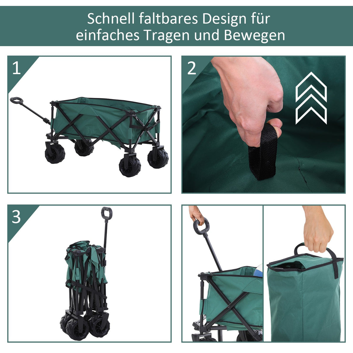 Handcart Foldable Handcart 360° Garden Cart Telescopic Handle Adjustable Up To 20Kg Metal Oxford Green 108X55X59-89Cm