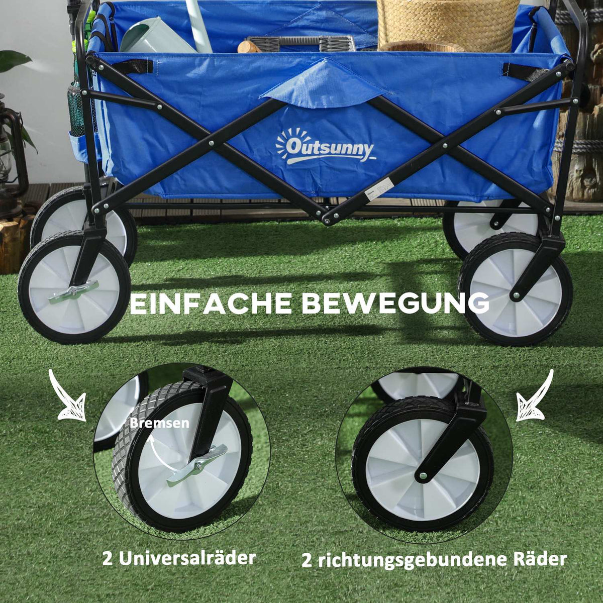 Handcart, Foldable Handcart, 360° Garden Cart, Transport Cart, Beach Cart, Steel Frame, Oxford, 93 X 49 X 75-100 Cm