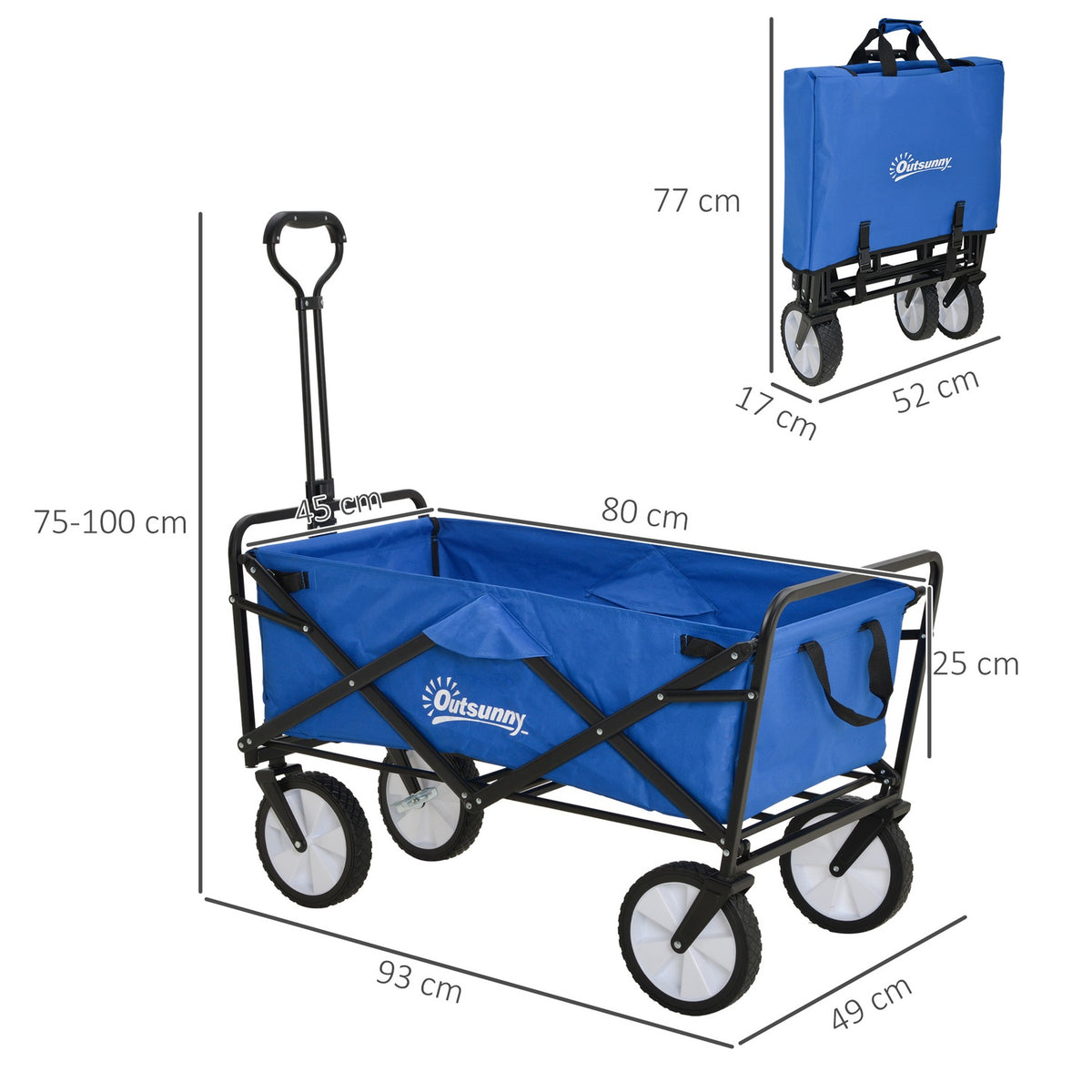 Handcart, Foldable Handcart, 360° Garden Cart, Transport Cart, Beach Cart, Steel Frame, Oxford, 93 X 49 X 75-100 Cm