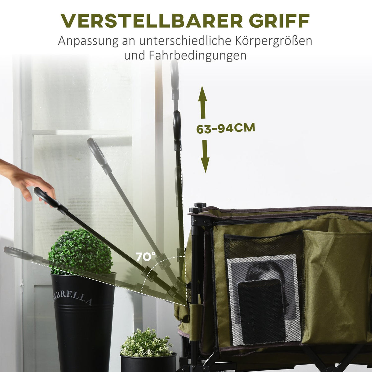 Handcart Foldable Handcart With Adjustable Handle, Bags, Wide Wheels, Up To 120Kg, Green