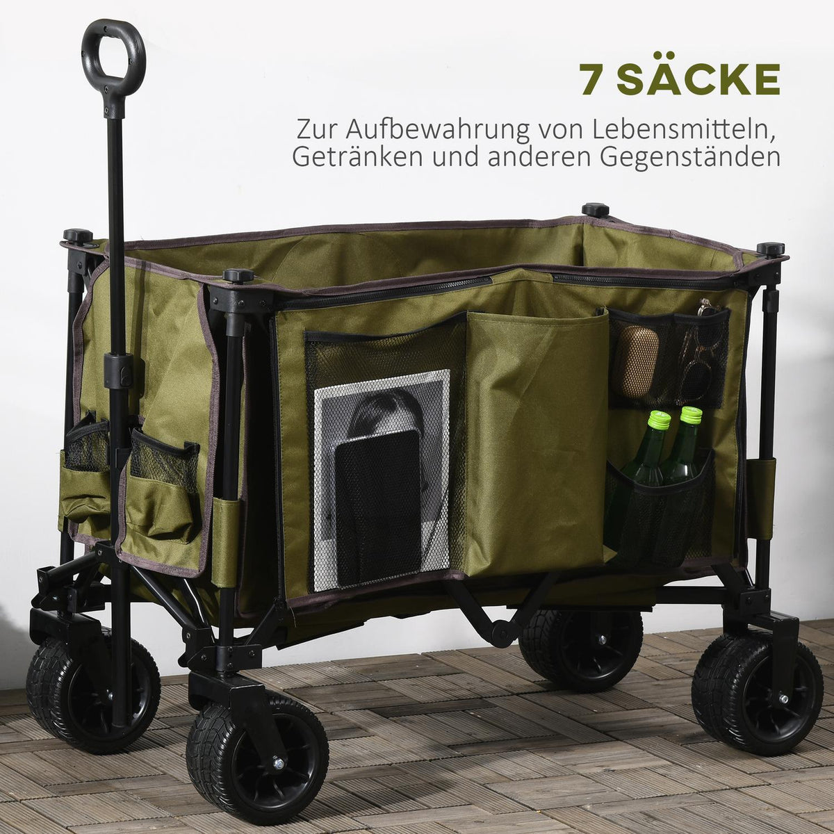 Handcart Foldable Handcart With Adjustable Handle, Bags, Wide Wheels, Up To 120Kg, Green