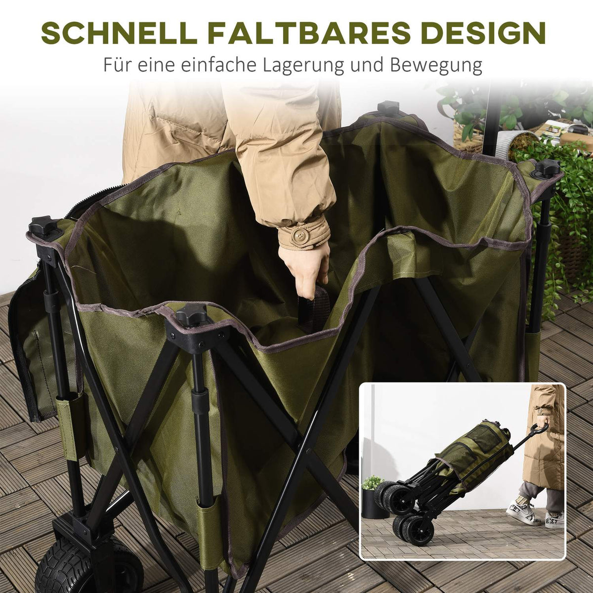 Handcart Foldable Handcart With Adjustable Handle, Bags, Wide Wheels, Up To 120Kg, Green