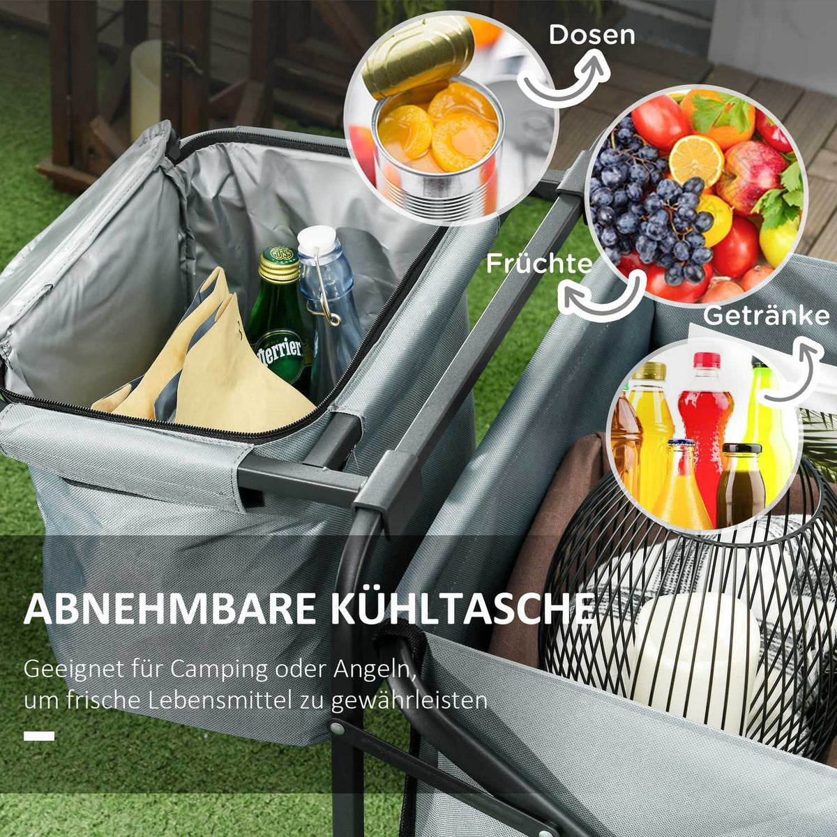 Handcart Foldable Transport Trolley With Cooler Bag, Beach Trolley With Extendable Handle, Holds Up To 120 Kg