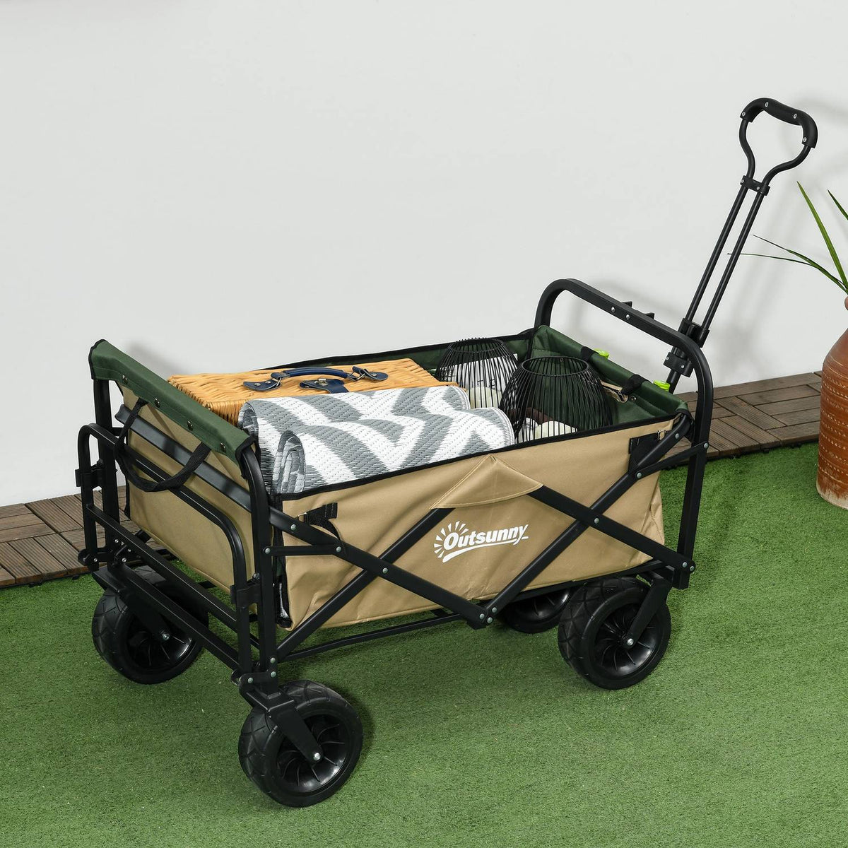 Handcart Folding Cart With Handle Beach Cart Garden Cart With Carry Bag Holds Up To 100Kg Oxford Khaki