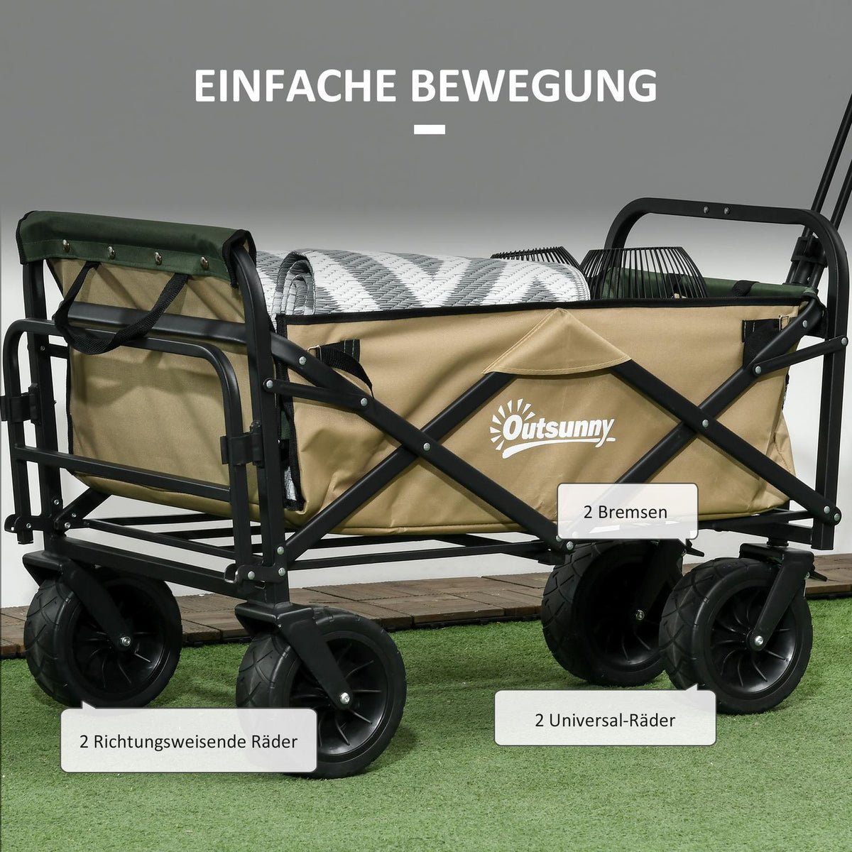 Handcart Folding Cart With Handle Beach Cart Garden Cart With Carry Bag Holds Up To 100Kg Oxford Khaki