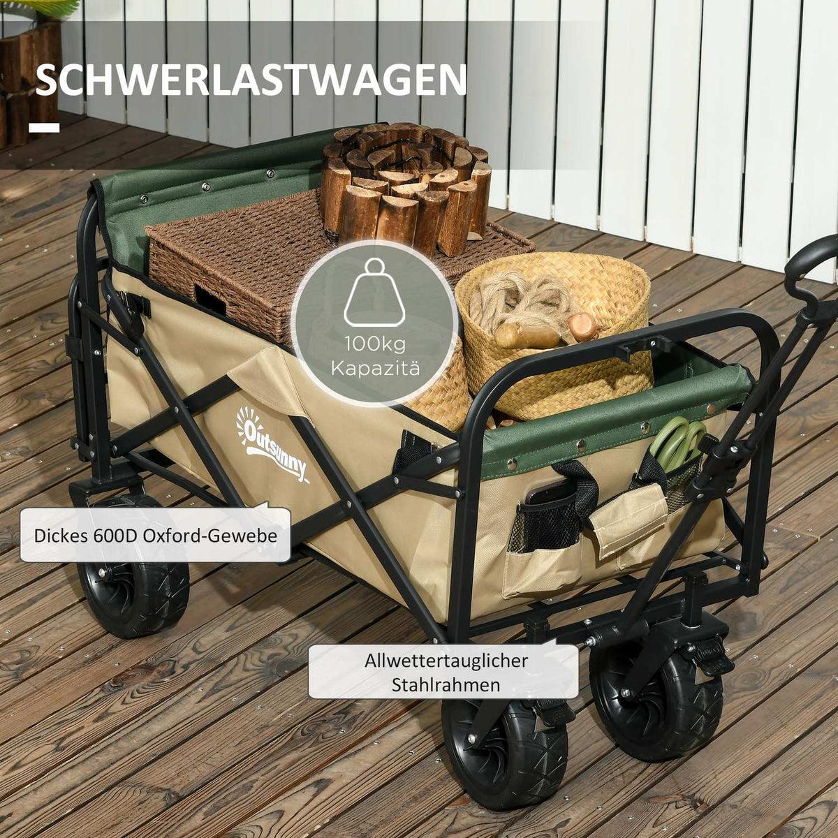 Handcart Folding Cart With Handle Beach Cart Garden Cart With Carry Bag Holds Up To 100Kg Oxford Khaki